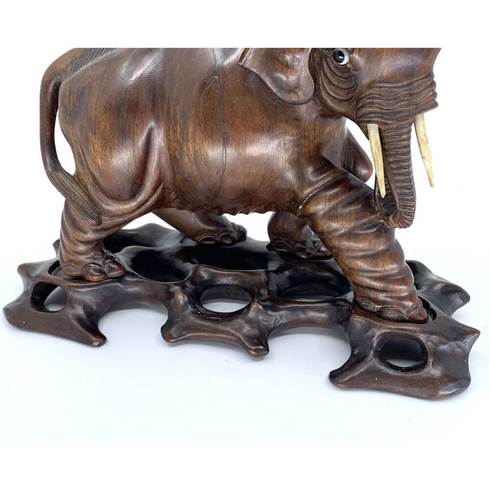 Vintage Thai Hand Carved Teak Wood Elephant Statue w Carved Base 6.5" Hard Wood - Picture 4 of 15